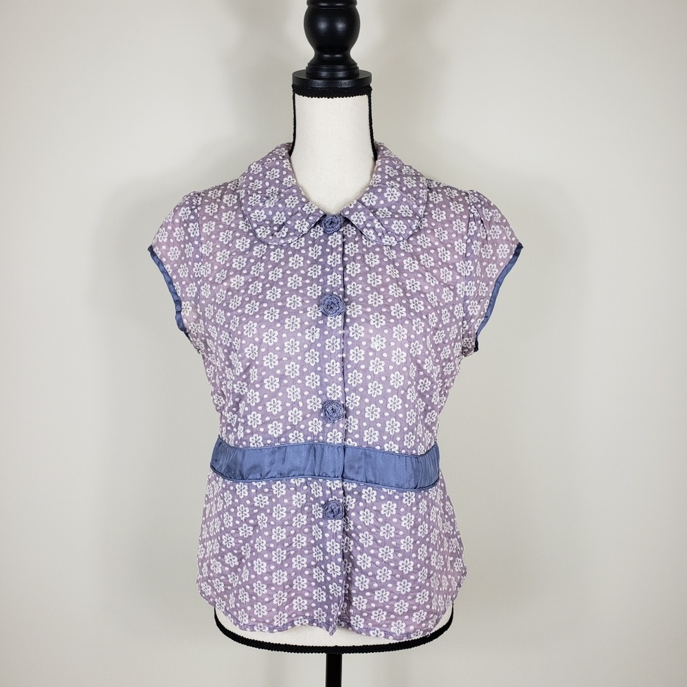 ODILLE Purple White Floral Embroidered Snap Top